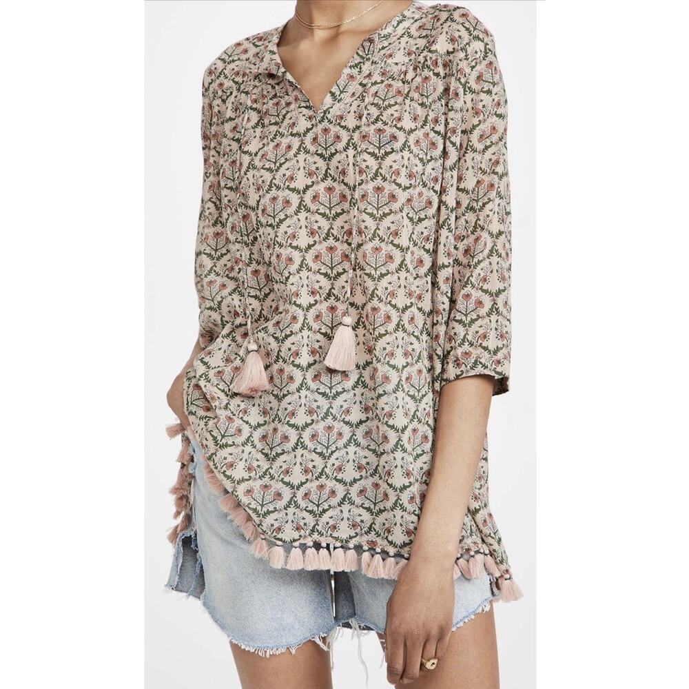 Roller Rabbit Sz L Floral Top/Dress Beige Fringe Baby Doll